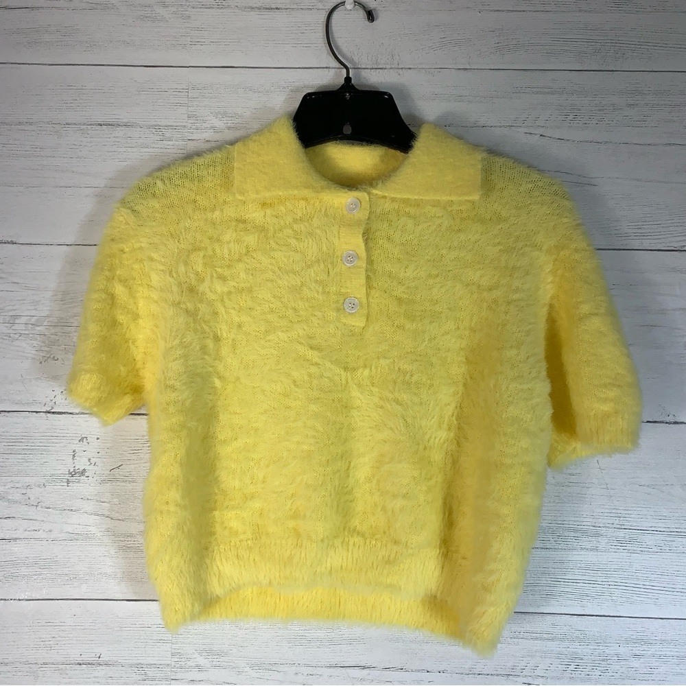 Mimosa  yellow furry crop top womens size M button front collared